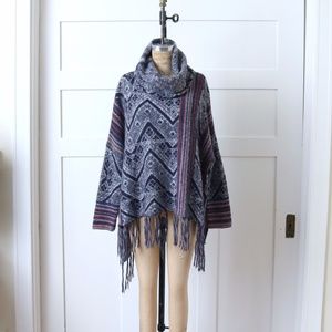 Free People Wool Angora Blend Poncho Fringed Pullover Sweater Blue Cowl Neck SM